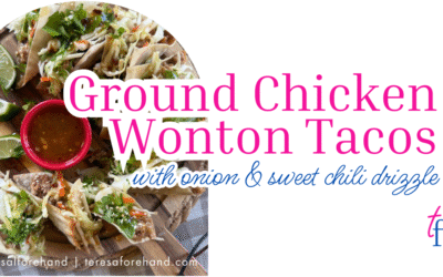 Ground Chicken Wonton Tacos with Onion & Sweet Chili Drizzle